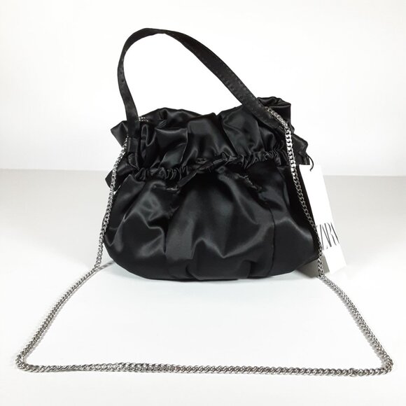 ZARA SATIN EFFECT MINI BUCKET BAG IN BLACK W/ CROSSBODY CHAIN STRAP NEW WITH TAG - Picture 6 of 10